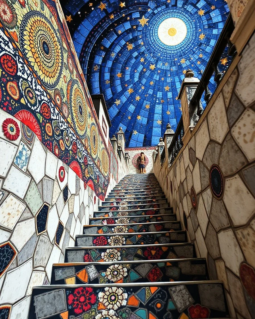 "Midnight Serenade unique" low view angle shot down long, large close up stair way to heaven look up granite terrazzo motifs with puzzle tribal clothing is decorated with colorful filigree abstract, Collage chutes papiers magazines, old village. Spirograph background by Nisa Kiley, Textile Artist