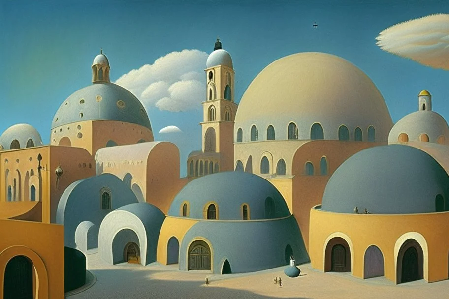 A surreal town with arches and domes, clouds and with long shadows by artist "Berndnaut" and "Leonora Carrington" and "de Chirico"