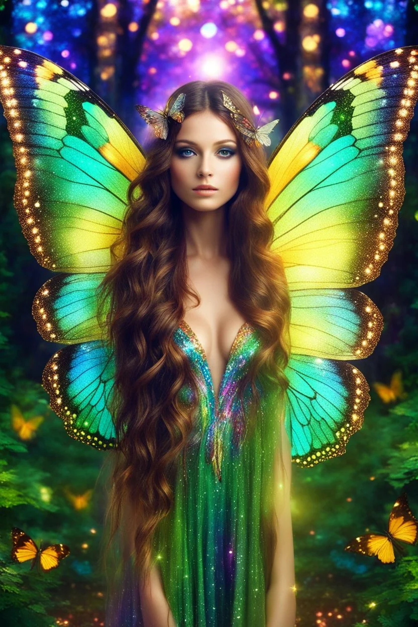 Gorgeous Photography Beautiful butterfly girl with shiny brown flowing hair, glitter colorful butterfly wings, lovely glowing green eyes, surrounded by magical colorful forest and flickering lights, digital photography, kaleidoscope, vibrant colors, vivid colors, colorful