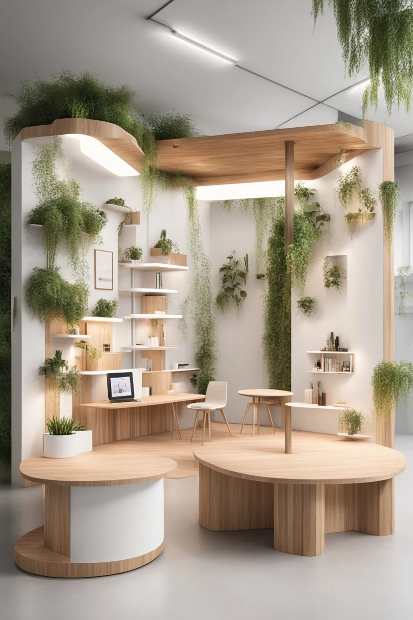 Corner exhibition stand in light colors with wood elements and greenery with two meeting areas