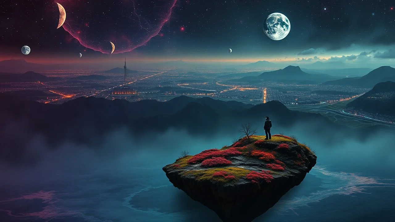 one alone human stands on deep dark colors little island. the island with alone human next close the beautyful four colors landscape . normal neurotipical lifes contrast the weird inner world with neurodivergens soul and mind,, Whimsical strange style of Chagall, of Bosch of giger and Anton Semenov. weird absurd beauty nightmare, in background neuronic network and landscape with cites and with many little humans on eart, Whimsical surreal vibe, cinematic