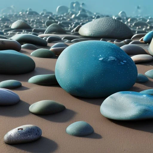 Wonderful pebbles, 30mm photography, 8k, 3d, sharp focus, Yves Tanguy, Max Ernst, Audubon, Amano, cinematic, photorealism, ZBrush, volumetric light, octane render, sparkles, blue eyes, surreal