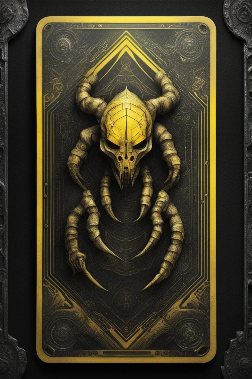 sacred geometry framed playing card, black and yellow scorpion werewolf slayer boss card in the style of Giger and fallout 4 ,,bokeh like f/0.8, tilt-shift lens 8k, high detail, smooth render, down-light, unreal engine