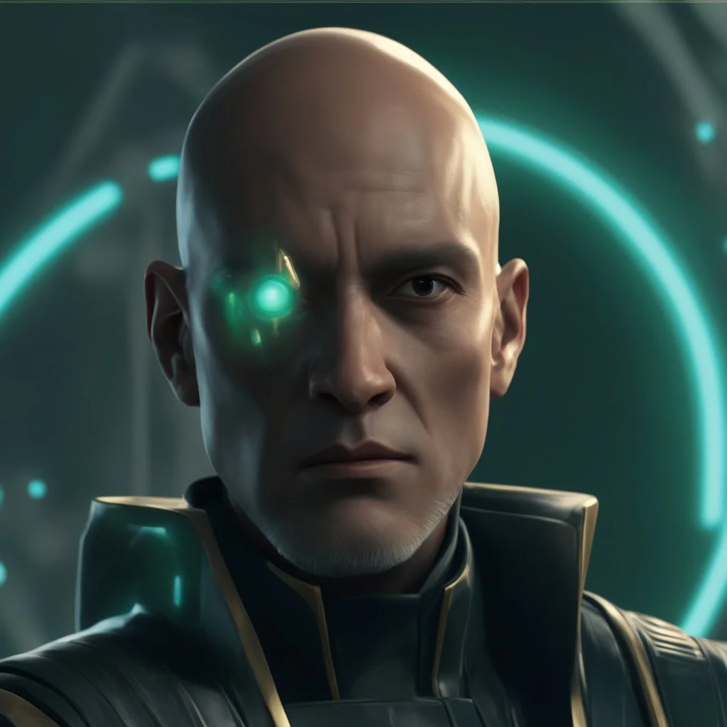 star wars bald male corellian jedi pilot wearing gunmetal grey and black old republic armored robes with gold trim inside the jedi temple holding a lightsaber with viridian green blade in left hand, centered head and shoulders portrait, hyperdetailed, dynamic lighting, hyperdetailed background, 8k resolution, volumetric lighting, light skin, fully symmetric details