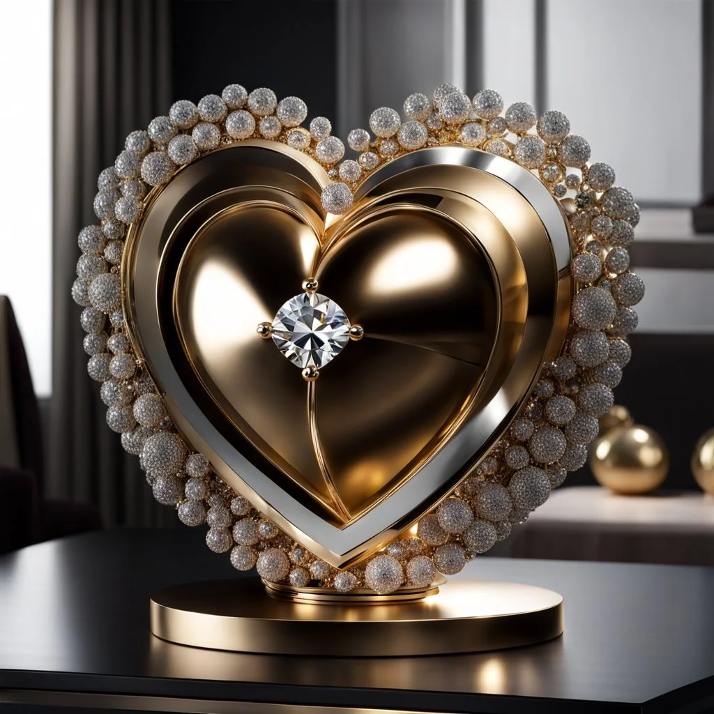 A magnificent golden and silver heart-shaped sign adorned with a stunning golden sphere encrusted with sparkling diamond clusters at its center, elegantly spinning in position.