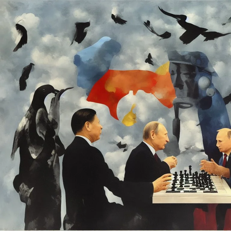 Putin, President Xi Of China And Joe Biden Play Chess With A Pigeon,Ufo,Complex Surgical Instruments Intermixed With A Newborn Boy,Minimalism,Painting By Adrian Ghenie,Rene Magritte,Pablo Picasso,Michelangelo,Salvador Dali,Lucian Freud