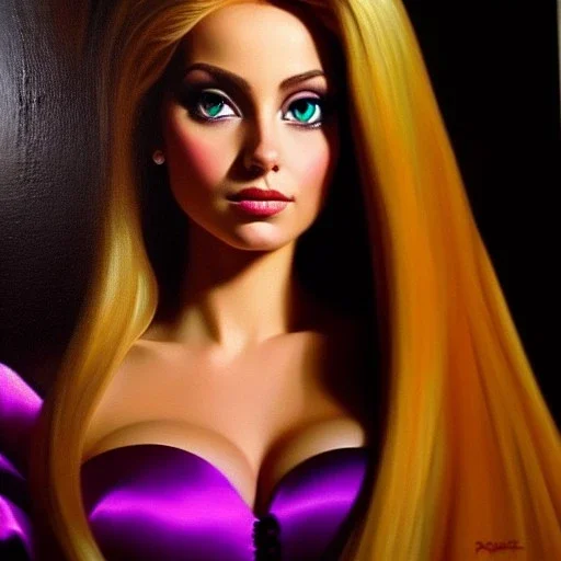 portrait of beautiful busty Rapunzel painting by Brom, oil on canvas, cinematic composition, extreme detail,fit full head inside picture