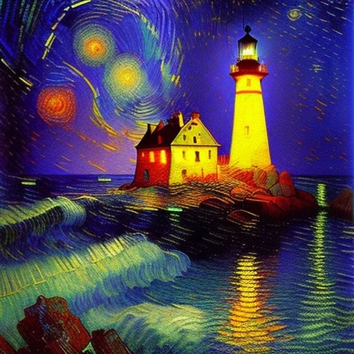 Fantasy, light house, Rocks, lighting, surreal, waves crashing below on the Rocks , 8k, sunset, sketch by Van Gogh in oil