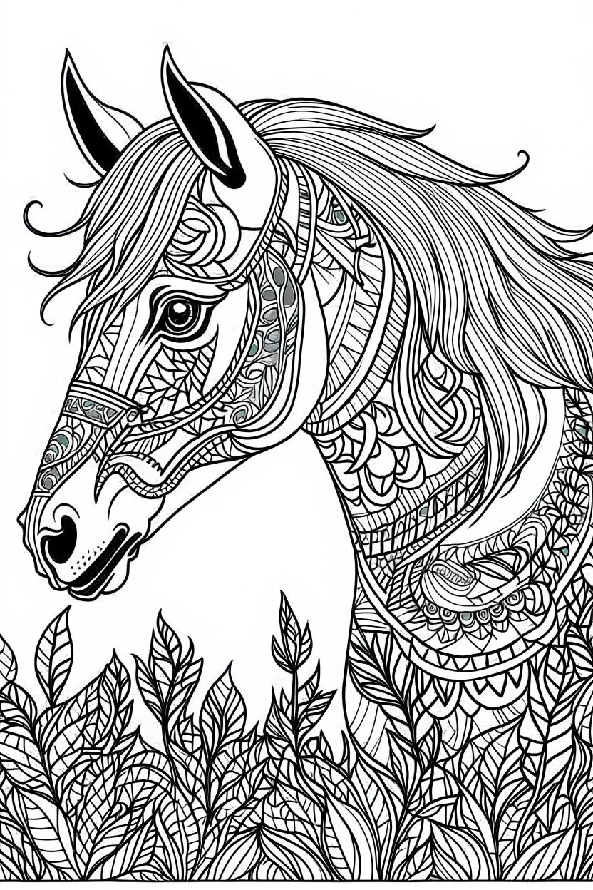 create a 2d black outline, "horse coloring book for girls", coloring page, low details design, black contour, coloring page design, simple background, colorful , card style, coloring page for girls, white background, sketch style