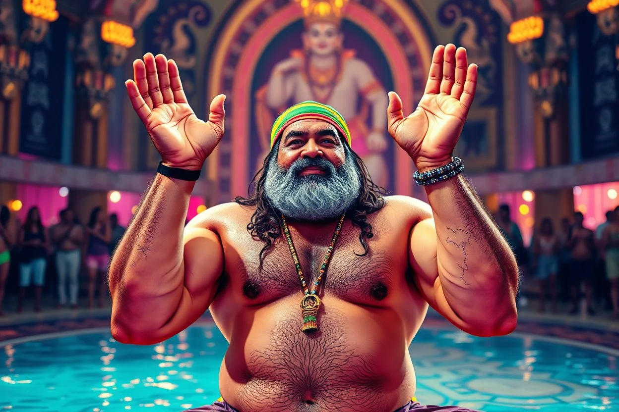 airbrush with pen outline, hulk Saddam Hussain,swimsuit hippie in his palace raised folded hands having fun in a festival in the 60s, goa psy ambient in the style of vangelis and fsol, source vibrations, bokeh like f/0.8, tilt-shift lens 8k, high detail, smooth render, down-light, unreal engine, prize winning