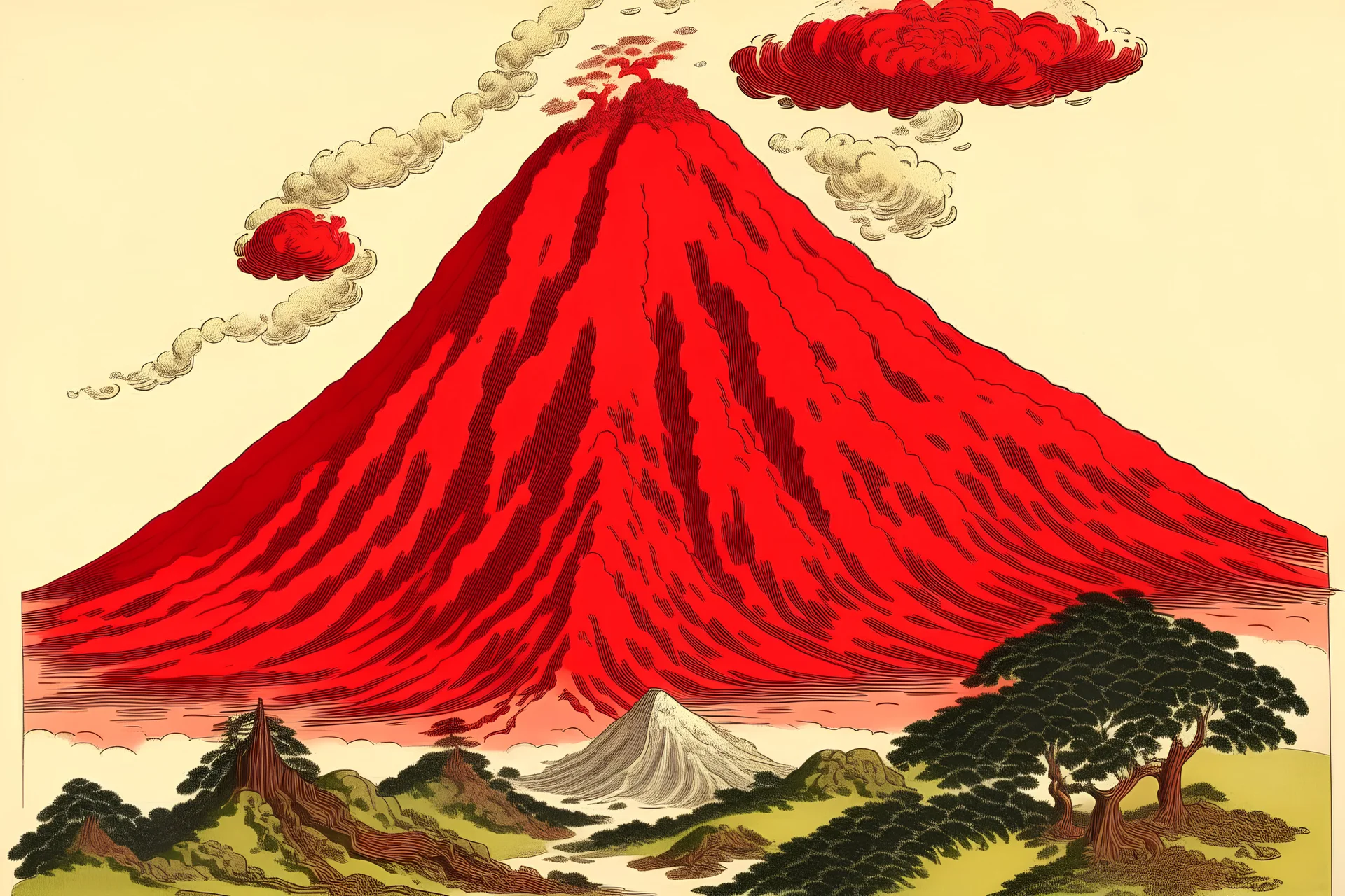 A red cinder volcano painted by Katsushika Hokusai