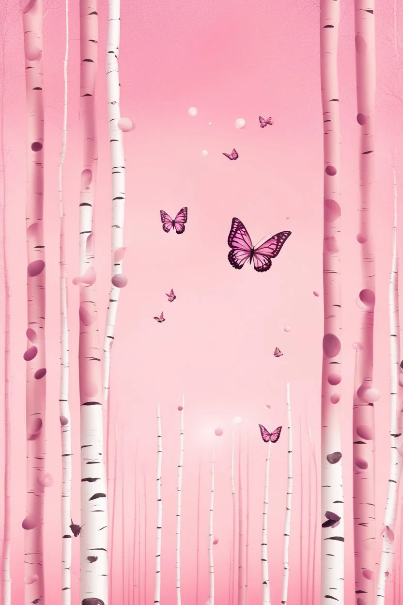 Butterflies and bubbles flying up to the sky through a pink birch forest