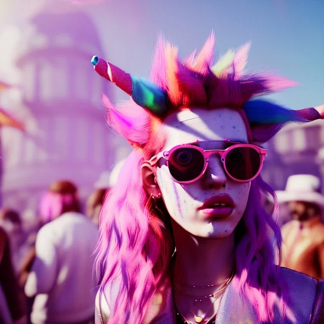 Ultra Realistic photo, medium shot view, drunken dancer women, carnival scene, monster hair, steampunk. Pink hair, confeti, Sunglasses, smoking, happy, festival, red fog. highly detailed, concept art, unreal engine 5, ray tracing, RTX, lumen lighting, ultra detail, volumetric lighting, 3d, finely drawn, high definition, high resolution.