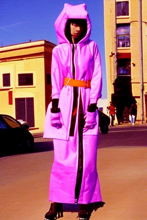 late 1990's women street fashion. Light dress with integrated bags and with new kind of hood with tippet that continues downwards too! horizontal zipper reveals belly. recycled denim straight, Pike fish, huge vulgarism, -print.lilac, plum, orange, terracotta, red, light yellow, lion yellow, pink, dark blue, beige. wide belt. Partly latex or leather.Tyra Banks.Missy Elliot,Jennifer Lopez.Karjalainen kuvio,Karjala pattern tradition