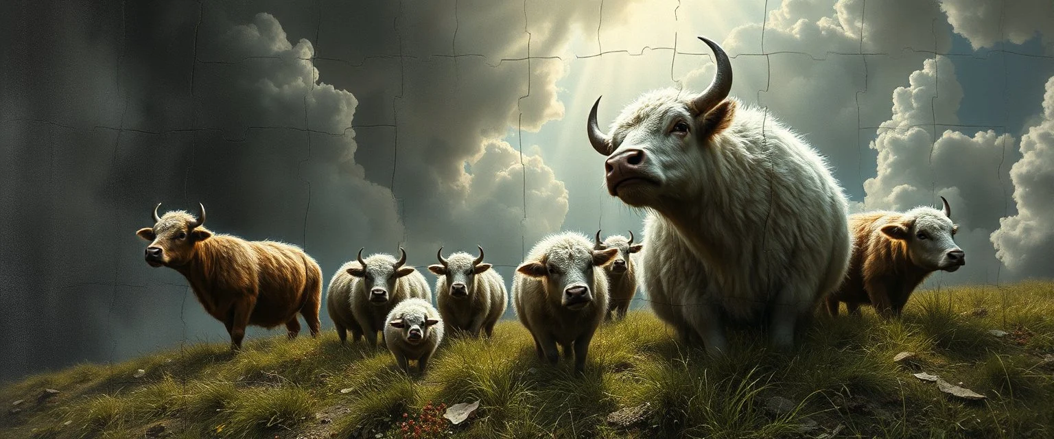 almost fully laid small puzzle pieces of angry god in heaven suffering through a pinhole cam picture of heavenly fluffy elevated messed up woodland elongated slimy cow snail story teller and ad & d monster creatures flock painted by Nerdrum and Rembrandt