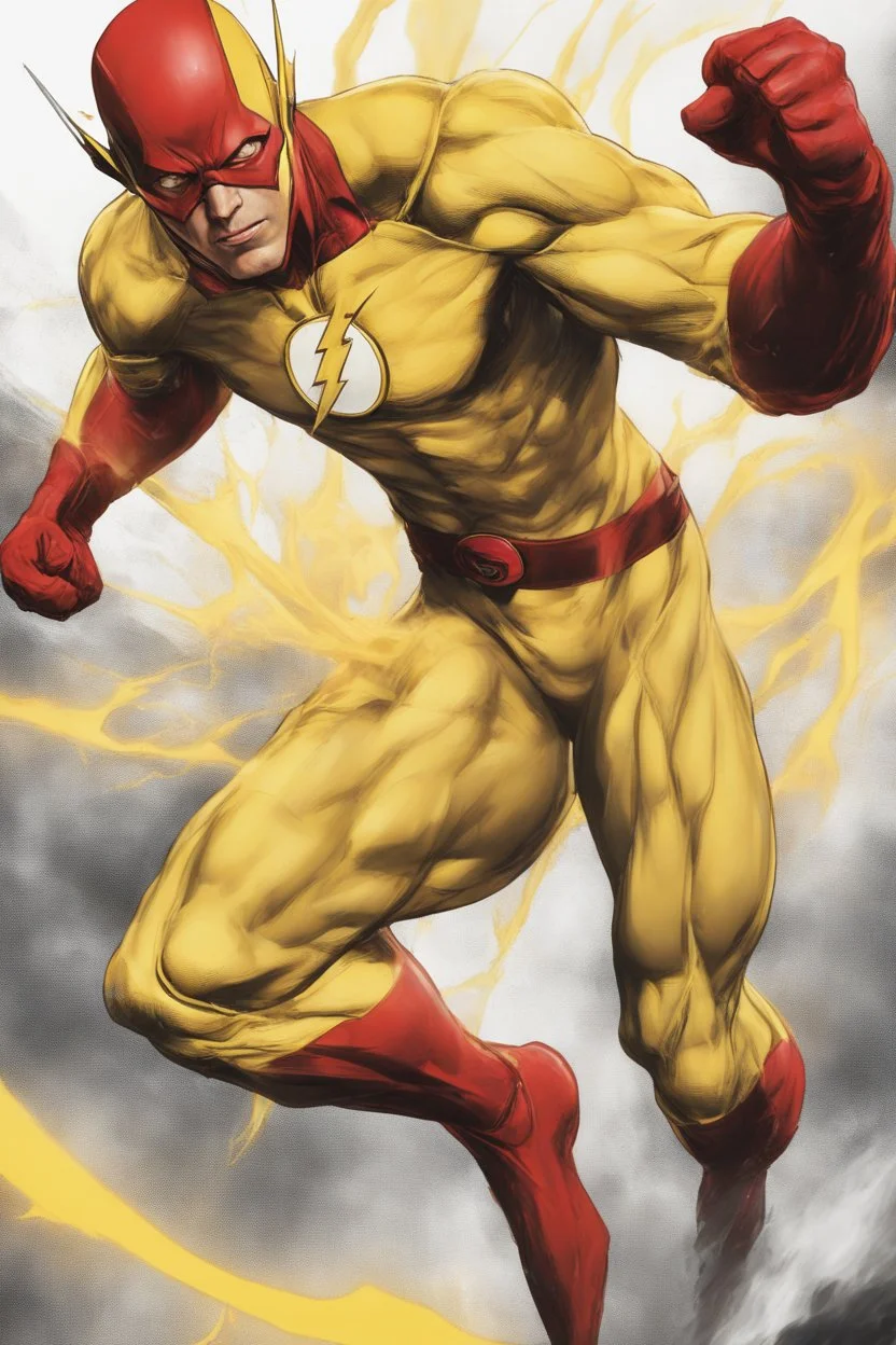 the Reverse Flash with yellow Flash suit, red boots, red belt, red wrist gauntlets, reversed red and black chest logo, extremely exaggerated muscular stature, posing for the cameras, Professional Quality 35mm Photograph, 4k UHD, hyper-realistic, Photorealistic, extremely detailed, High resolution