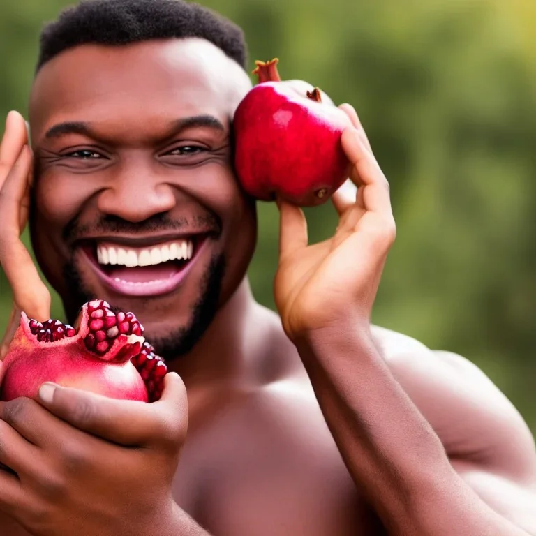 Buff black man gives you an Pomegranate and smiles at you