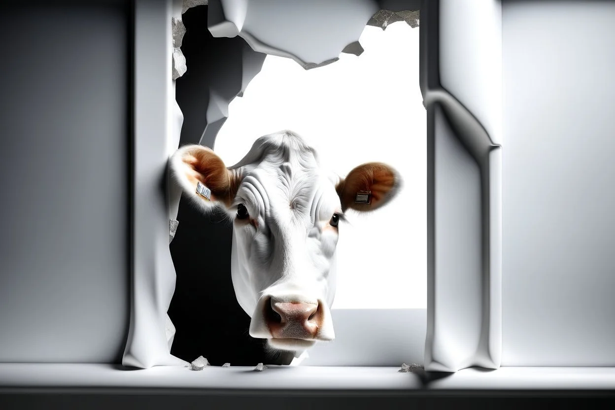 white,background,looking,through,a 3-d, broken,window,with,sharp,edges hole,watching,a,aubrey cow