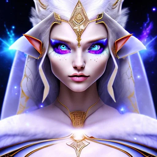 cosmic mage, elf, female, battle mage, cosmic sword, epic, cosmic magic, staff, long ears, white hair, face details, odd-eyes, pale skin, detailed eyes, jewellery, broad shoulders, glimmering eyes, sharp ears