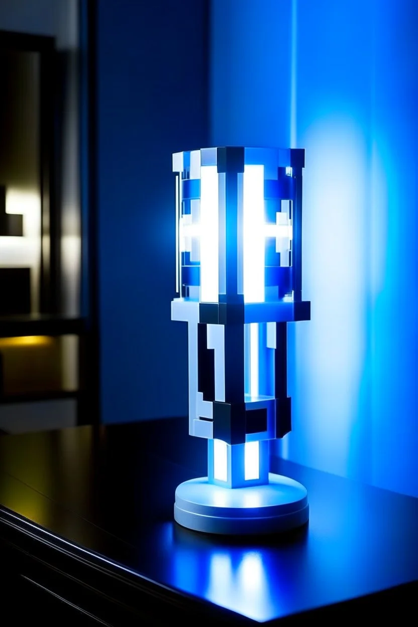 gaming table lamp inspired by avengers stark tower buliding architecture futuristic-modern stlye. geometric form, blue and white color scheme