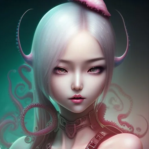 Asian woman, leaning pose, slobber octopus , pink short hair, latex suit, full body, squid,nice end of darkness Dark Woman Little Horns Little Horns Sad Eyes dual soul fire girl soul fire cute realistic hell Dark Realistic Cute intricate detail , portrait, high lighting, Gradient background,