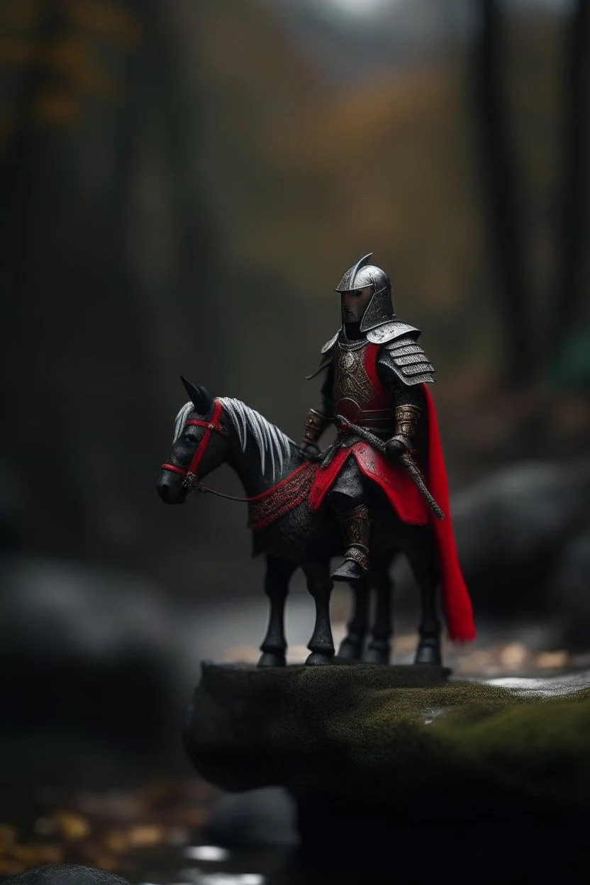 portrait of black knight on horse with red feather on stone bridge in mountain pass in forest,shot on Hasselblad h6d-400c, zeiss prime lens, bokeh like f/0.8, tilt-shift lens 8k, high detail, smooth render, down-light, unreal engine, prize winning