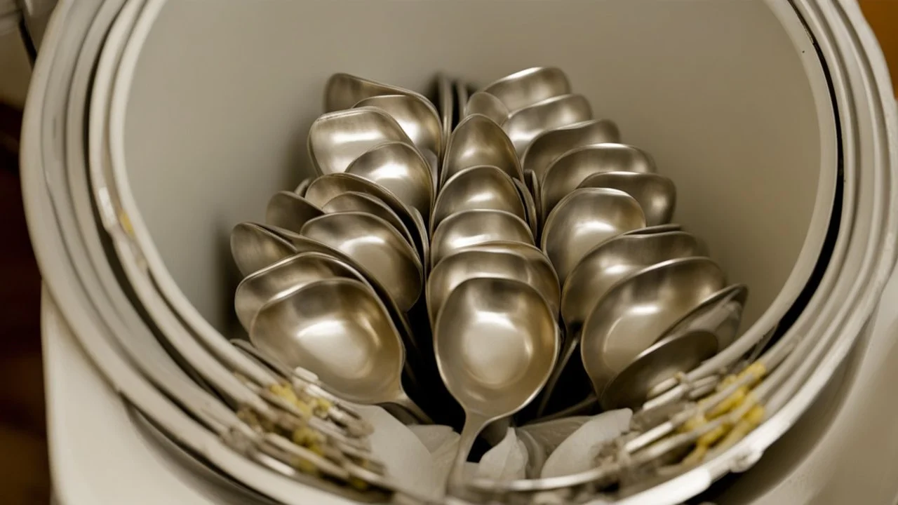 very confused young woman puts 8 metal spoons inside the household dryer