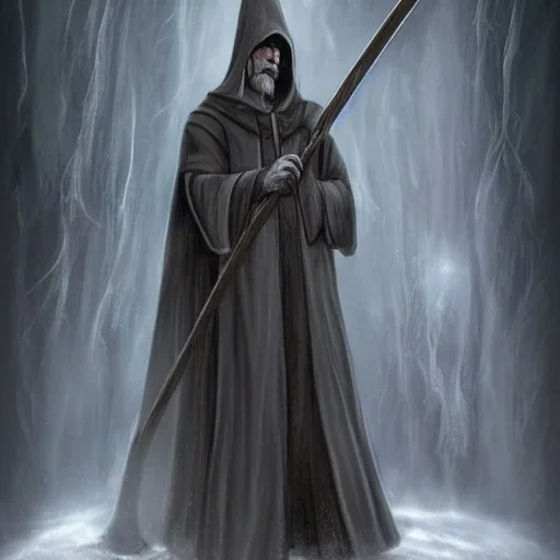 Tall Wizard, dark broody, long staff in hand, grey cloak, photorealistic