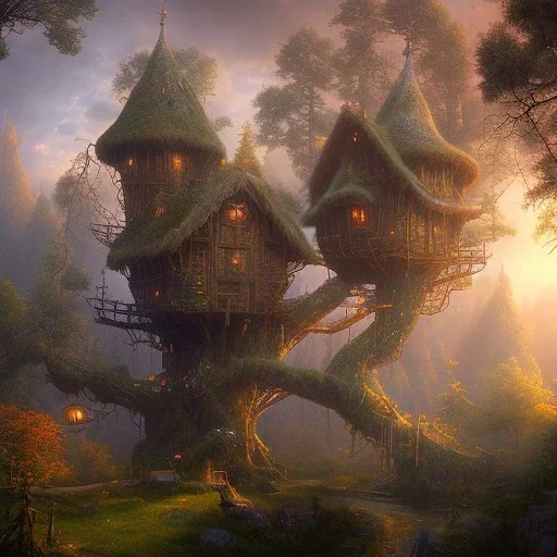 valley, fairytale treehouse village covered,, matte painting, highly detailed, dynamic lighting, cinematic, realism, realistic, photo real, sunset,detailed, high contrast, denoised, centered, michael whelan