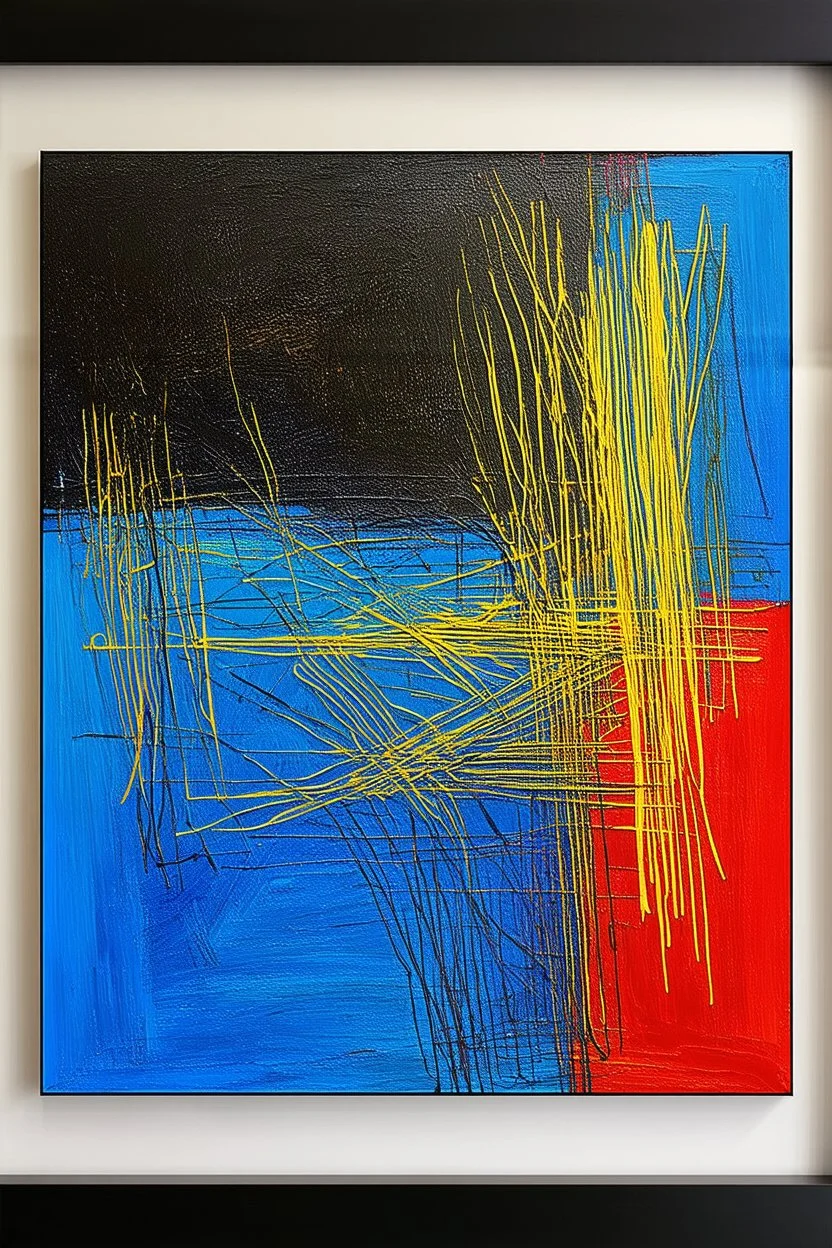 an abstract painting featuring a blend of colors. Dominant shades of blue, black, and red create intriguing patterns across the canvas. Streaks of yellow intersect, forming geometric shapes. The painting is framed in a simple black frame. Its abstract nature invites various interpretations.
