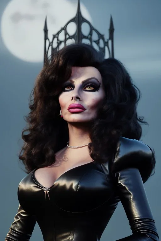 sophia loren as evil queen in black leather, angry, stern look, volumetric lighting, particales,highly detailed,cinematic, deep colours,8