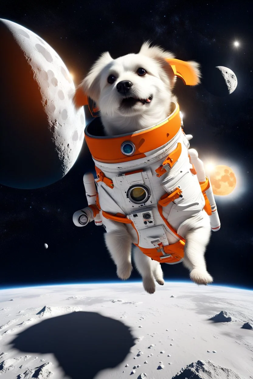 white and orange dog flies to the moon on top of the a rocket, writes, in space, realistic, 4k, Cinematic,