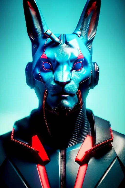 Medium Close Up Portrait, Front image. cyberpunk, rabbit mask, irish man, black hair. latex suit. blue, red, color. Ghost in the shell style. Color background, photo studio. Avatar image, highly detailed, concept art, smooth, unreal engine 5, god rays, ray tracing, RTX, lumen lighting, ultra detail, volumetric lighting, 3d, finely drawn, high definition, high resolution.