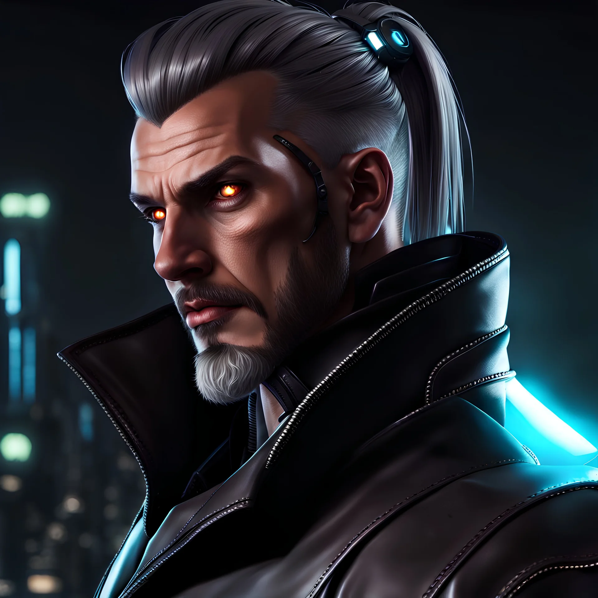 Mysterious male cyberpunk wizard, ponytail hairstyle, leather jacket, glowing grey eyes, cyberpunk style, video game character, trending DeviantArt, trending ArtStation