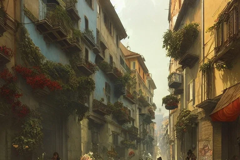 Street goes down+A greengrocer in colorful genoa street+Italian medieval town +Italian city sea+alphonse mucha, greg rutkowski,matte painting, cryengine, hyper detailed, felix kelly, fantasy art, seb mckinnon