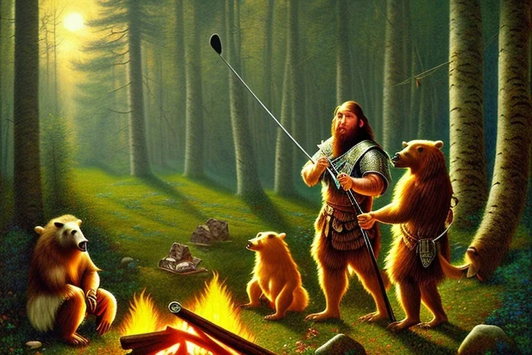 neanderthal holding a club, cave, bear, campfire, stone age, Impressionism, canvas, masterpiece, mellow, dawn,