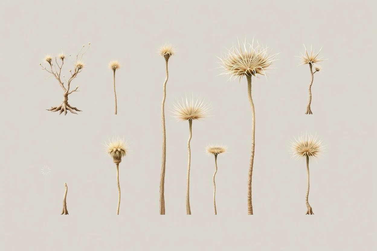 "Isolated concept art of multiple types of alien tree plant on a plain neutral background. Designed for Desert biome – dry, spiky, brittle grass with sharp edges, thorn-like blades, and pale dusty colors