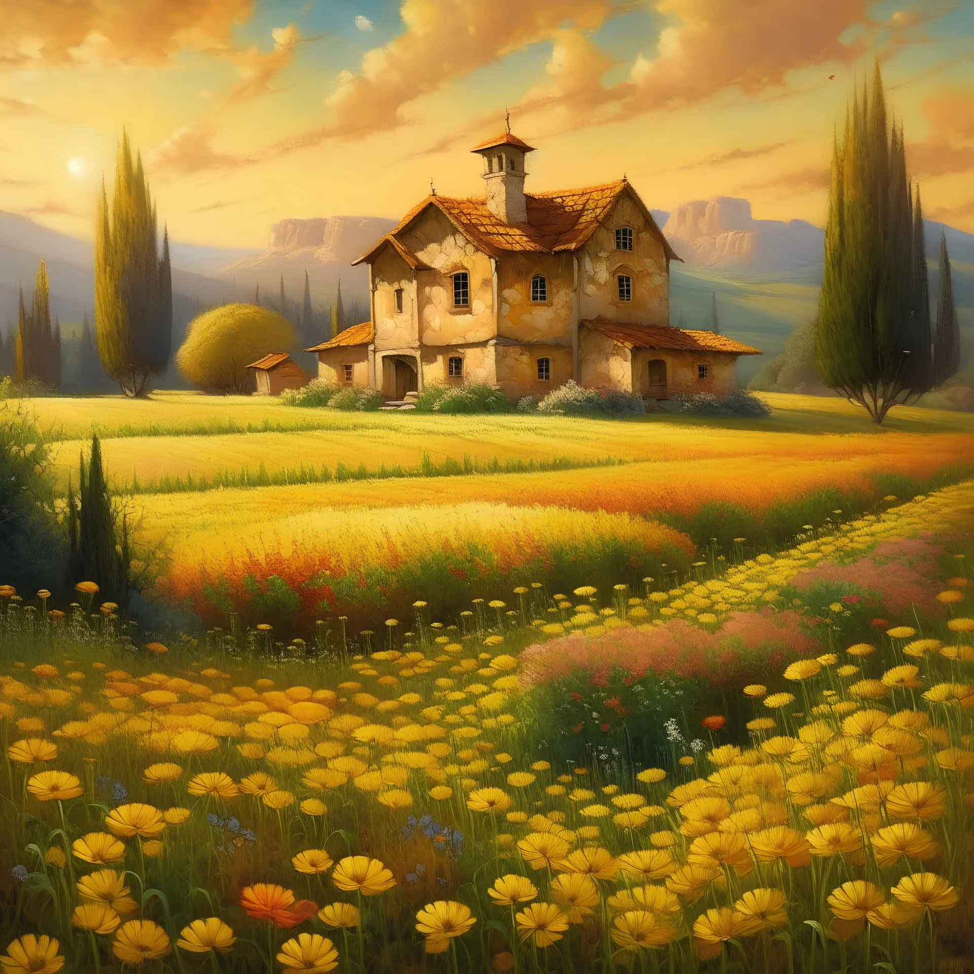 painting of a house in a field of flowers, inspired by Guido Borelli da Caluso, yellow hue, dotart, dragan bibin, fantasy italy, golden colour, jingna zhang, golden hour, perfect Wide long shot visual by @challenge2pt masterpiece.