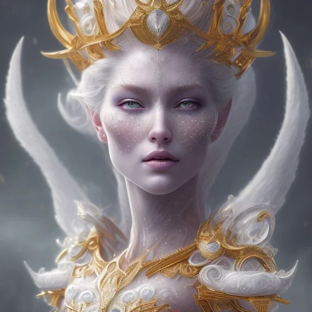 Insanely detailed photograph of An elaborate beautiful ice queen with white ice skin and white eyes and gold headpiece, intricate,hyperdetailed painting fantasy art album cover art 4K 64 megapixels 8K resolution HDR, shiny, portrait, 8k resolution concept art portrait by Greg Rutkowski, triadic colors Unreal Engine 5