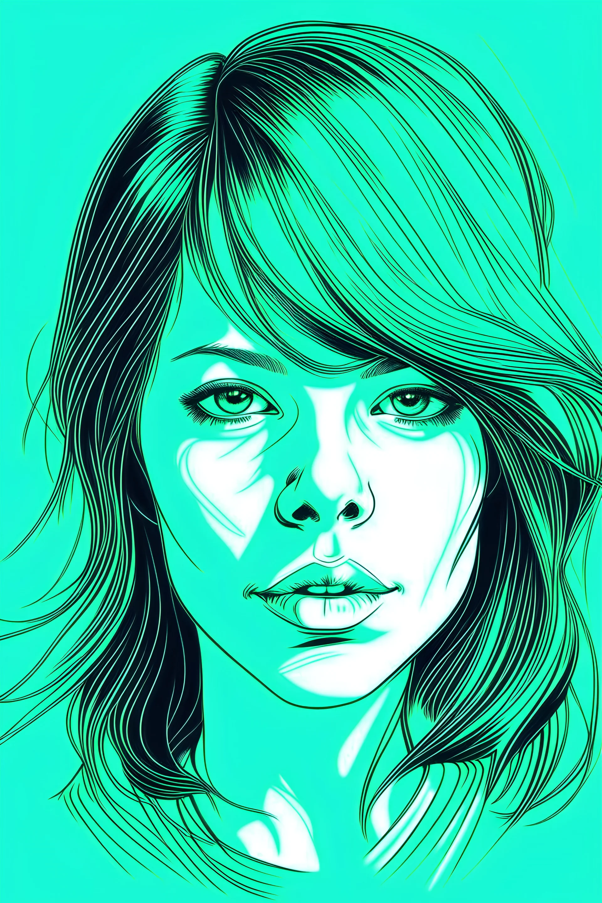 Neon Negative sketched girl face in a mint background