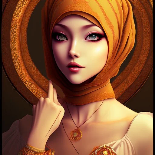 3d anime Only the face Muslim Pretty impressive women inside a circular frame,Portrait image,professional look