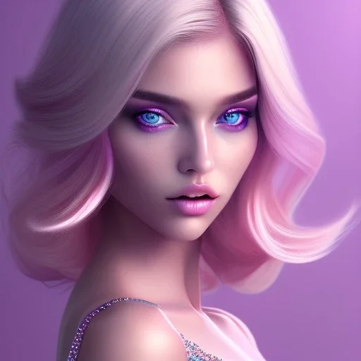 wonderful subtile face , beautiful, soft, blues eyes, smilinglong straight blonde hair, transparente pink crystal clothes, hight definition, 8k