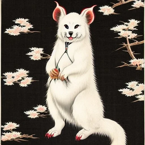 traditional Japanese art, eastern dragon, white fur, fullbody, dog face