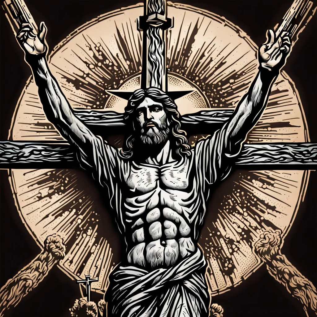 crucified on the cross christ liberty hybrid tone, woodcut, engraved, wall street journal style, statue of cruicified Jesus of Liberty with a beard and wearing a cross and hanging from a cross, The statue male, hyperdetailed intricately detailed photoillustration ink drawing dystopian 8k resolution entire body of the statue is in the picture. digital illustration telephoto lens photography , same colors as the us treasury's one dollar bill, crucified"