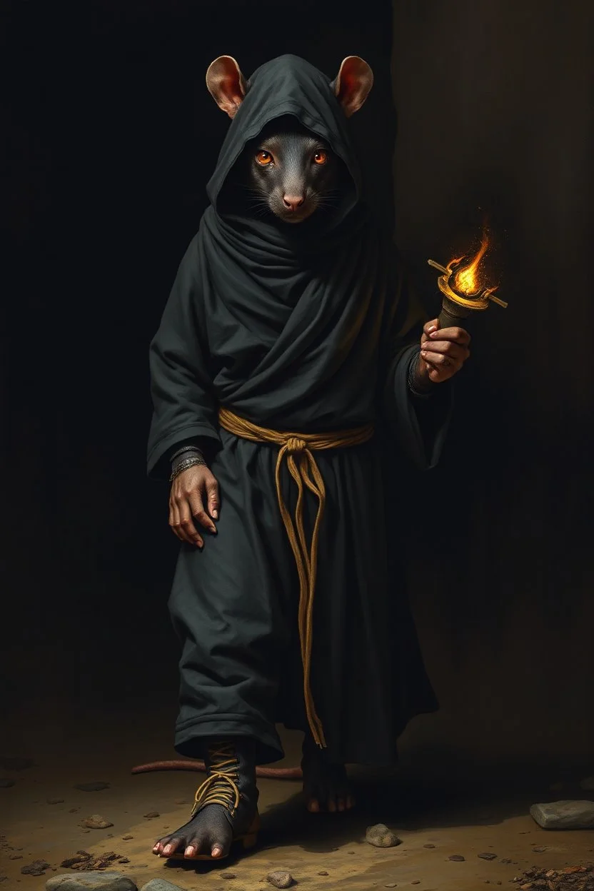 boots , the yoga rat man, big black iris eyes with yellow glints, ou’re looking at someone who doesn’t just walk into shadows—they belong to them. The black robes cling like a second skin, the belt tied tight with gold thread that catches the light only when he moves. His face is wrapped, but not hidden—his eyes glow like embers, red and steady, as if he’s already seen what waits inside the cave. The tail curls behind him, not in fear, but in readiness. He doesn’t need a torch, by Rembrandt