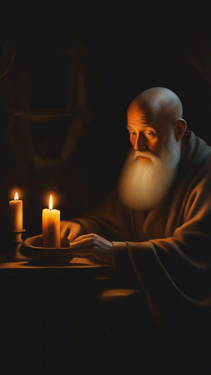 Clay brown colour Bosch style painting for an old man with no hair, beard or eyebrows on candle light from the left side in a dark environment