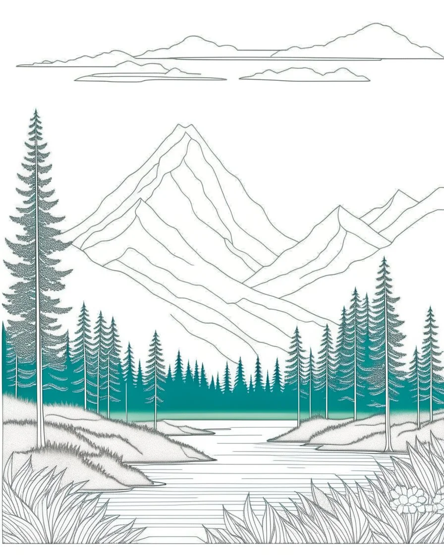 Coloring pages: A peaceful mountain landscape with towering peaks covered in lush green forests. The image should showcase a clear mountain lake reflecting the majestic scenery, with a backdrop of clear blue skies and fluffy white clouds. This image will inspire a sense of tranquility and encourage readers to envision themselves immersing in the serene surroundings.