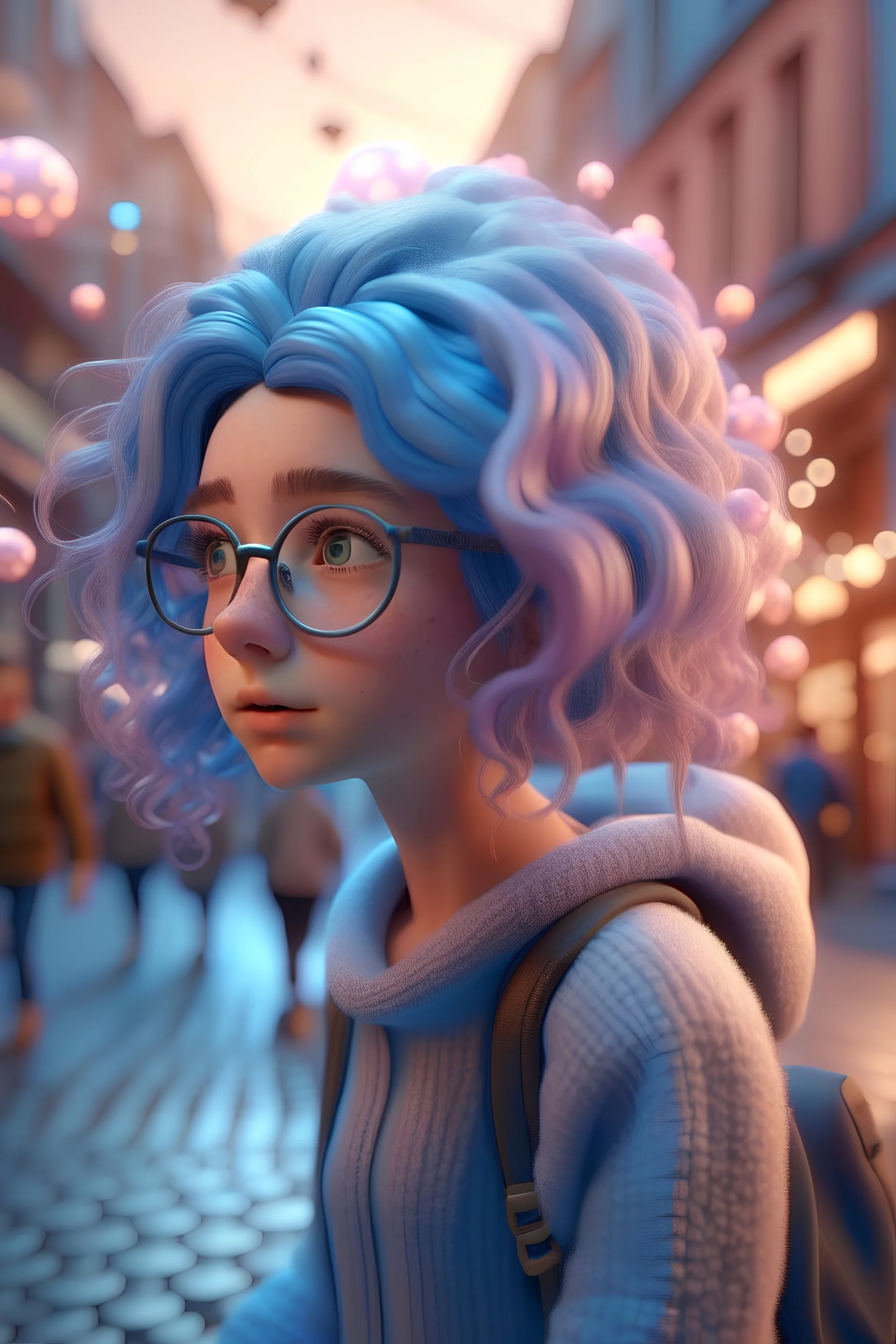 cute People looking for maps all over street from another universe, wearing glasses, magical and dreamy, cute, octane render, 8k, ornamental cenary, fantasy colors, ultra realistic, fluffy, soft texture, high quality, futuristic cute, cute little fluffy hair