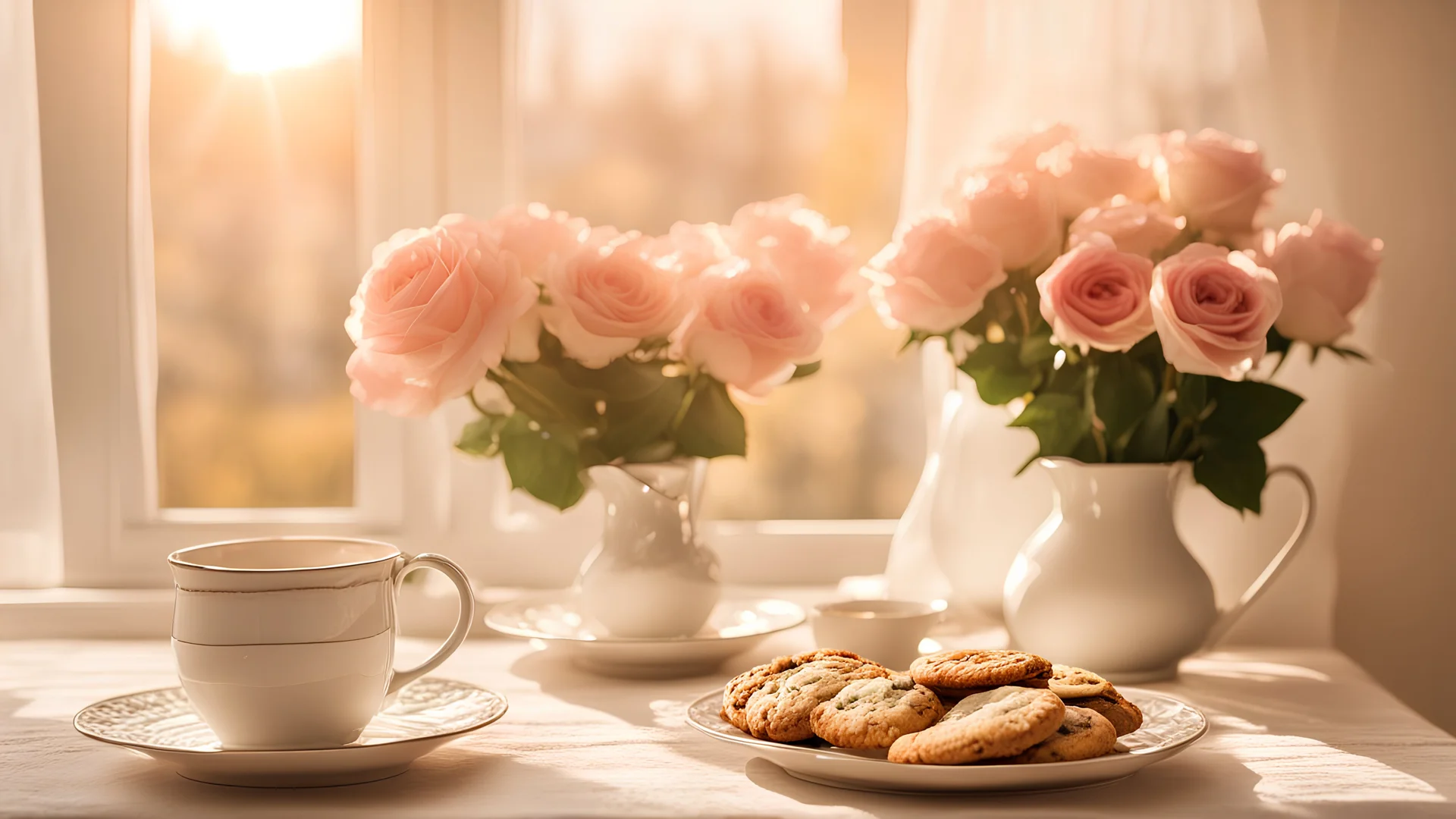 Cookies on a plate on the left, a cup of coffee in the middle. Steam over the cup. on the right is a bouquet of roses in a vase, the whole composition is on the table.ble. The table is fully covered with a beautiful tablecloth. The sun is shining in the window, making the view bright and warm. It's spring outside, the leaves haven't bloomed. A 30-year-old white woman with a happy face is sitting next to me. View of the composition from above, but so that you can see part of the window and what's