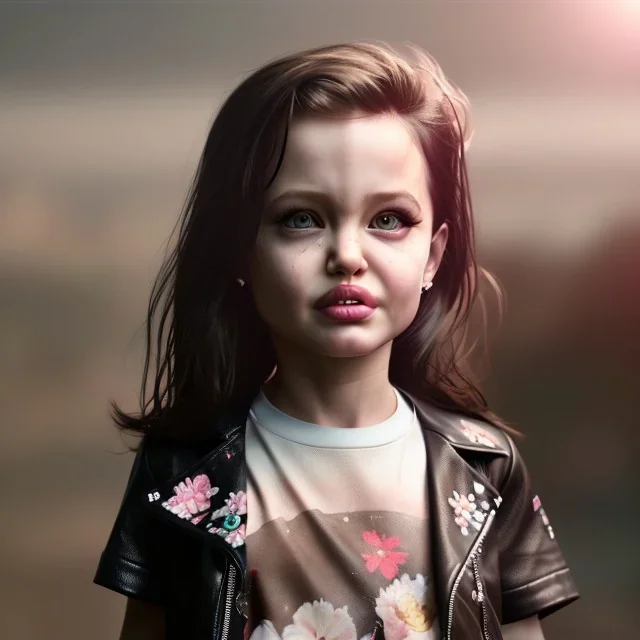 Angelina jolie toddler, full body, leather jacket, floral shirt, floral skirt, shoe, soft skin, dramatic lighting, hyper realistic